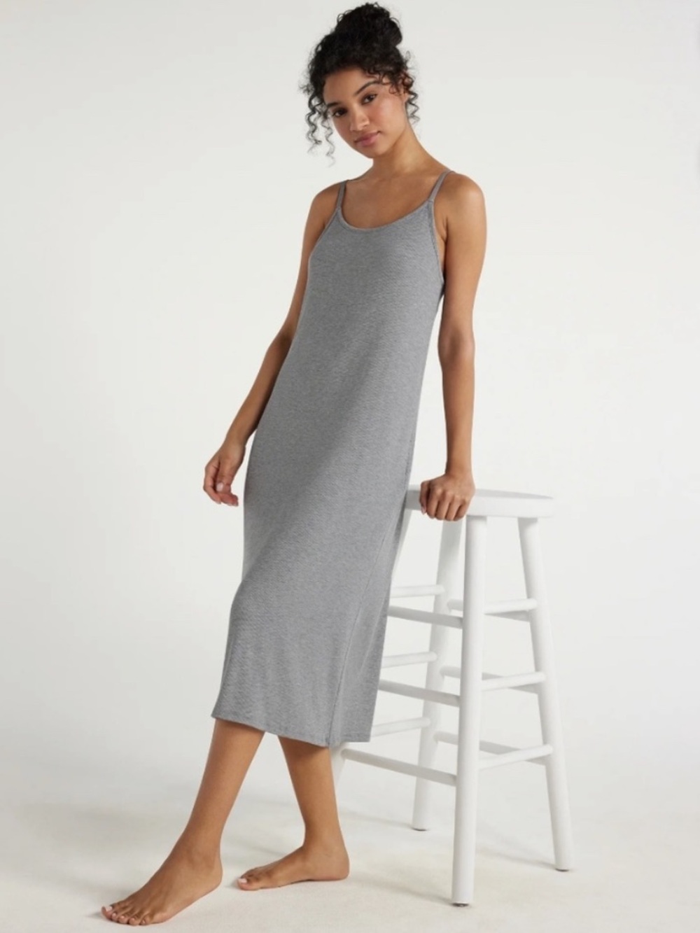 Joyspun Heather Gray Ribbed Knit Midi Slit Cotton Chemise Size XL